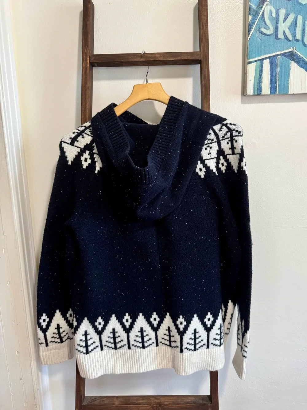 LOFT Navy and White Fair Isle Hooded Sweater